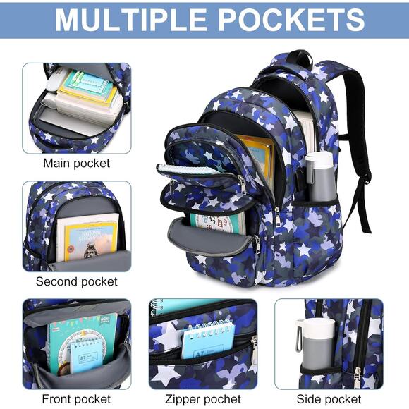 Blue Camo Star Print Backpack & Lunch Bag Set – School Bag Combo USB Port - Picture 5 of 6